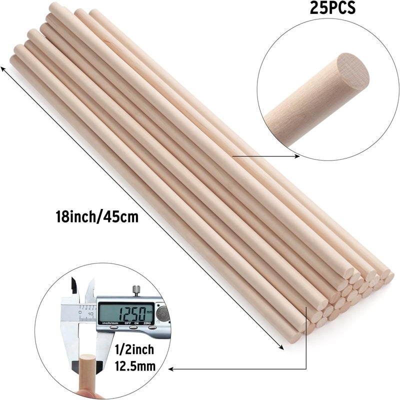 Coowayze Wood Dowels Wooden Dowel Rods for Crafts, 25PCS 1/2 x 18 Round Macrame Wooden Sticks for Crafting, Unfinished Hardwood Sticks for Arts and DIYers, Tiered Cake Support and Wedding Ribbon Wands - Image 2
